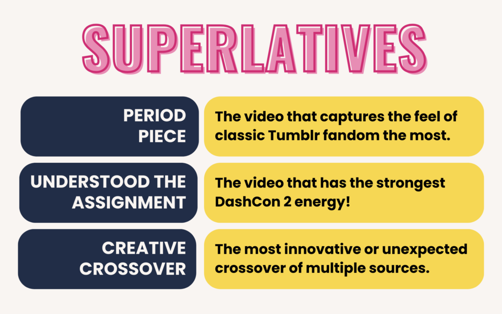 Infographics explaining the superlatives for the Dashcon 2 2026 AMV Contest, with the following information:

Title: Superlatives

Period Piece: The video that captures the feel of classic Tumblr fandom the most.

Understood The Assignment: The video that has the strongest DashCon2 energy!

Creative Crossover: The most innovative or unexpected crossover of multiple sources
