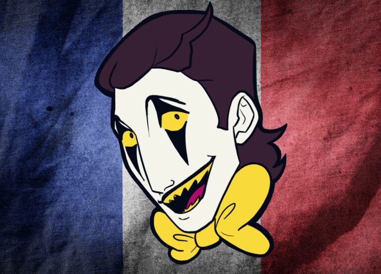 The head of Edmund, the DashCon 2 mascot, floating over a french flag