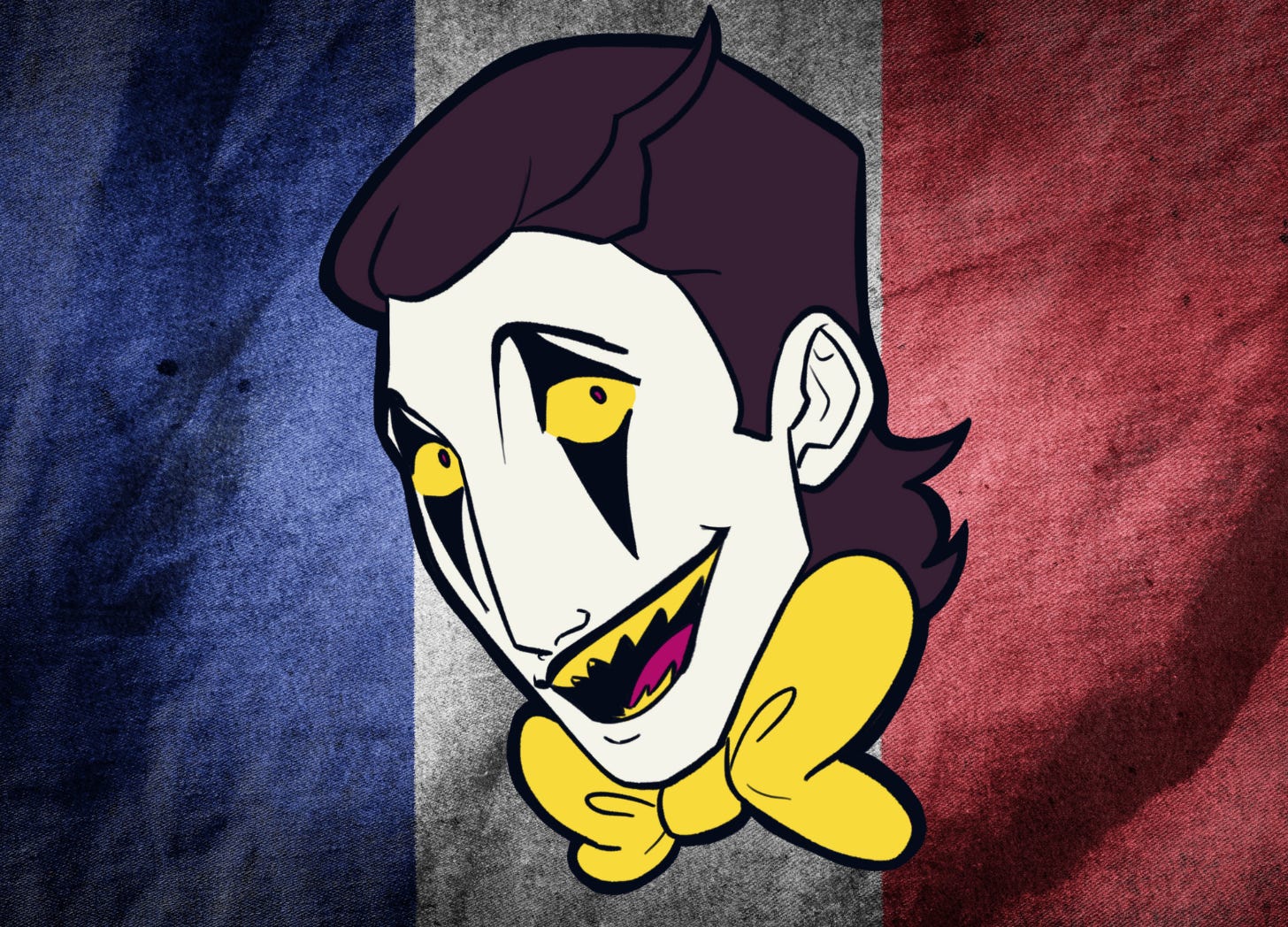 The head of Edmund, the DashCon 2 mascot, floating over a french flag